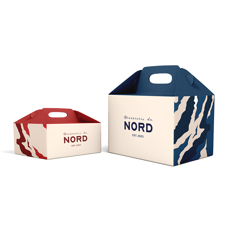 A mockup of two take away boxes for food. The bigger one is blue and beige with a small handle. The smaller box is red and beige.