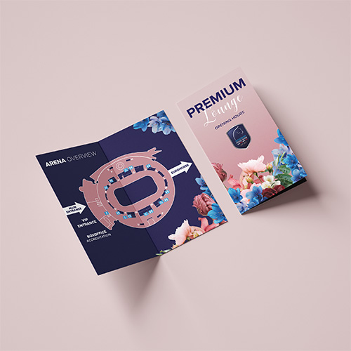 Mockup of a pink mini folder with information about GHS Premium Lounge