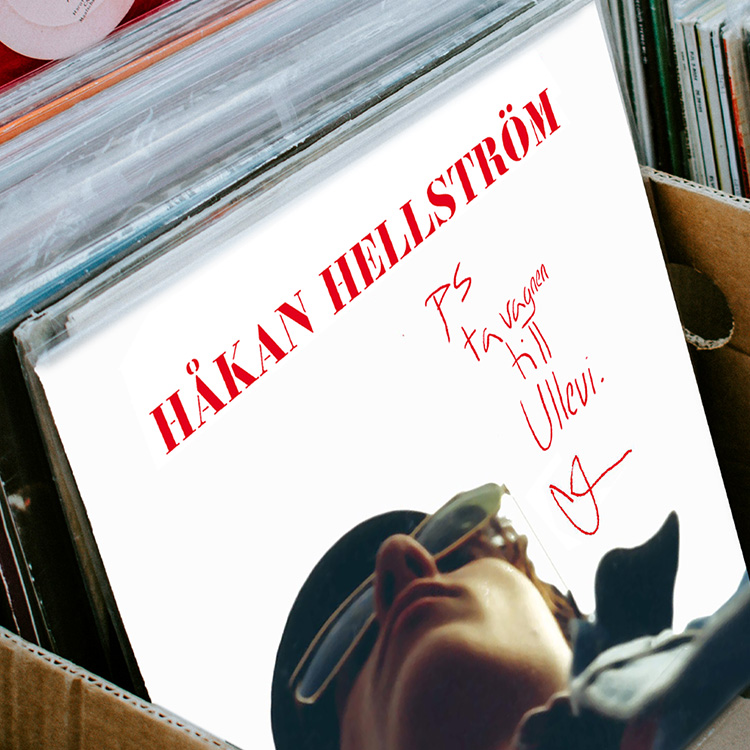 A cardboard box with a stack of vinyl records. 