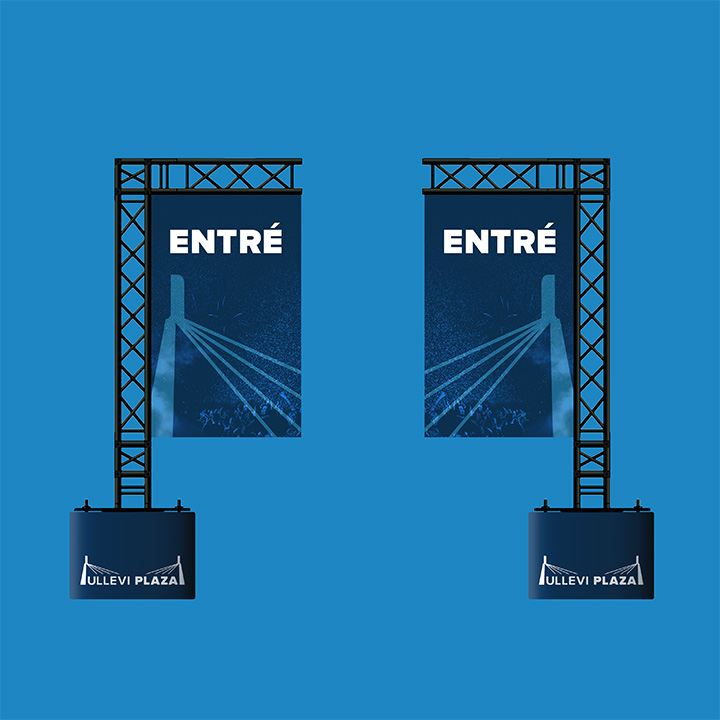 Mockup of a entrence signs in blue and white with Ullevi Plaza's logo on it.