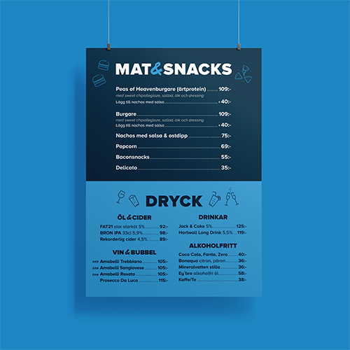 A mockup of a menu in blue and white for Ullevi Plaza's kiosks and food stations.