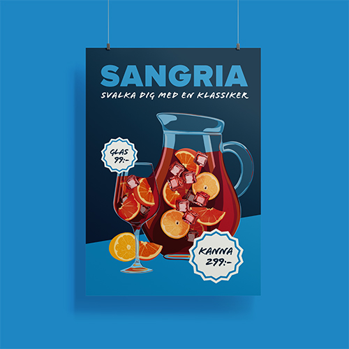 A mockup of a menu in blue and white with an illustratio nof a pitcher of sangria for Ullevi Plaza's kiosks and food stations.