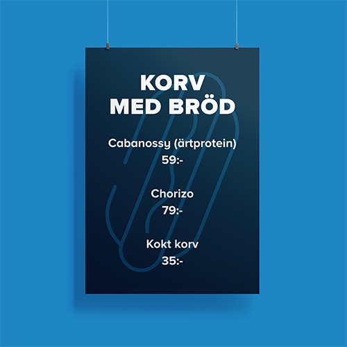 A mockup of a menu in blue and white for Ullevi Plaza's kiosks and food stations.