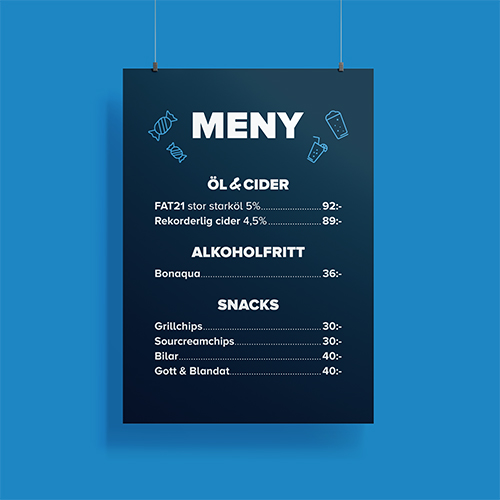A mockup of a menu in blue and white for Ullevi Plaza's kiosks and food stations.