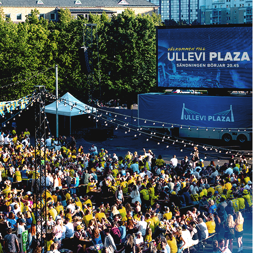 A photo of the crowd at Ullevi Plaza watching the UEFA Womens Championship on an outdoor LED screen.