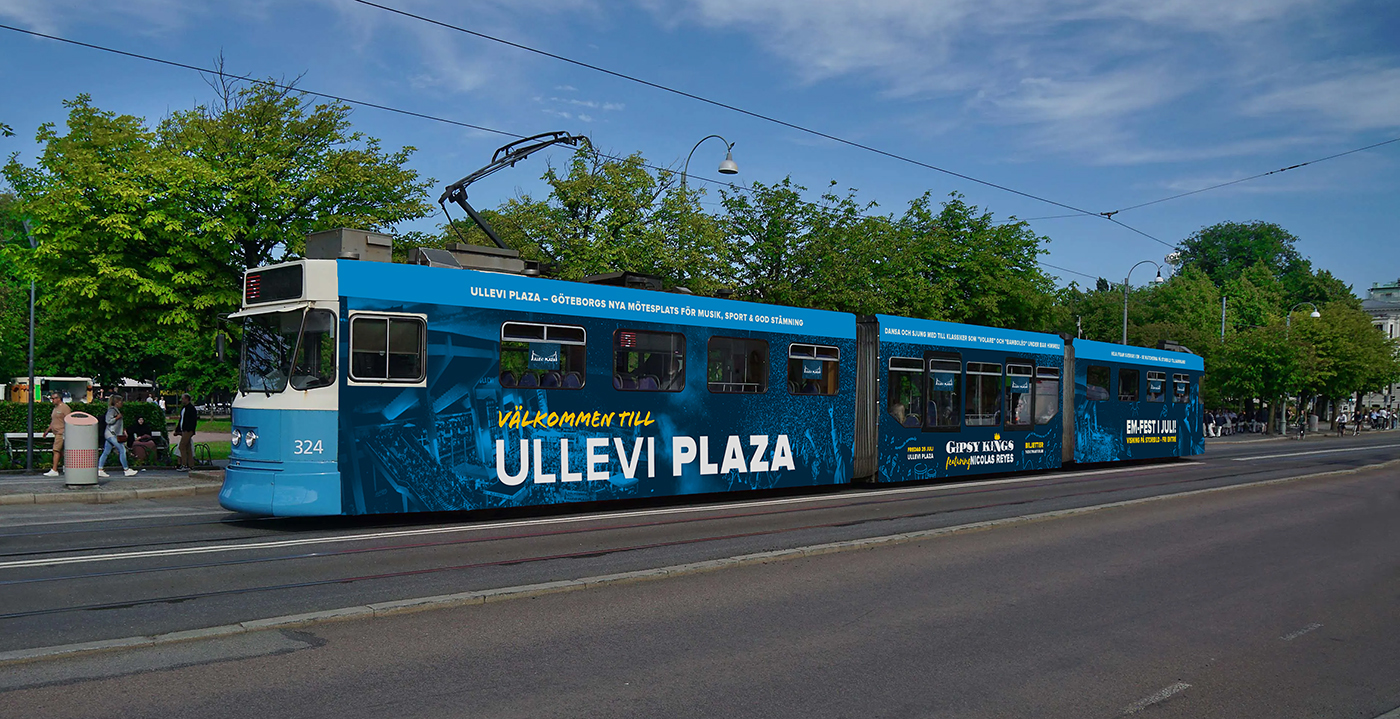 A mockup of a tram with advertisement for Ullevi Plaza in Gothenburg.