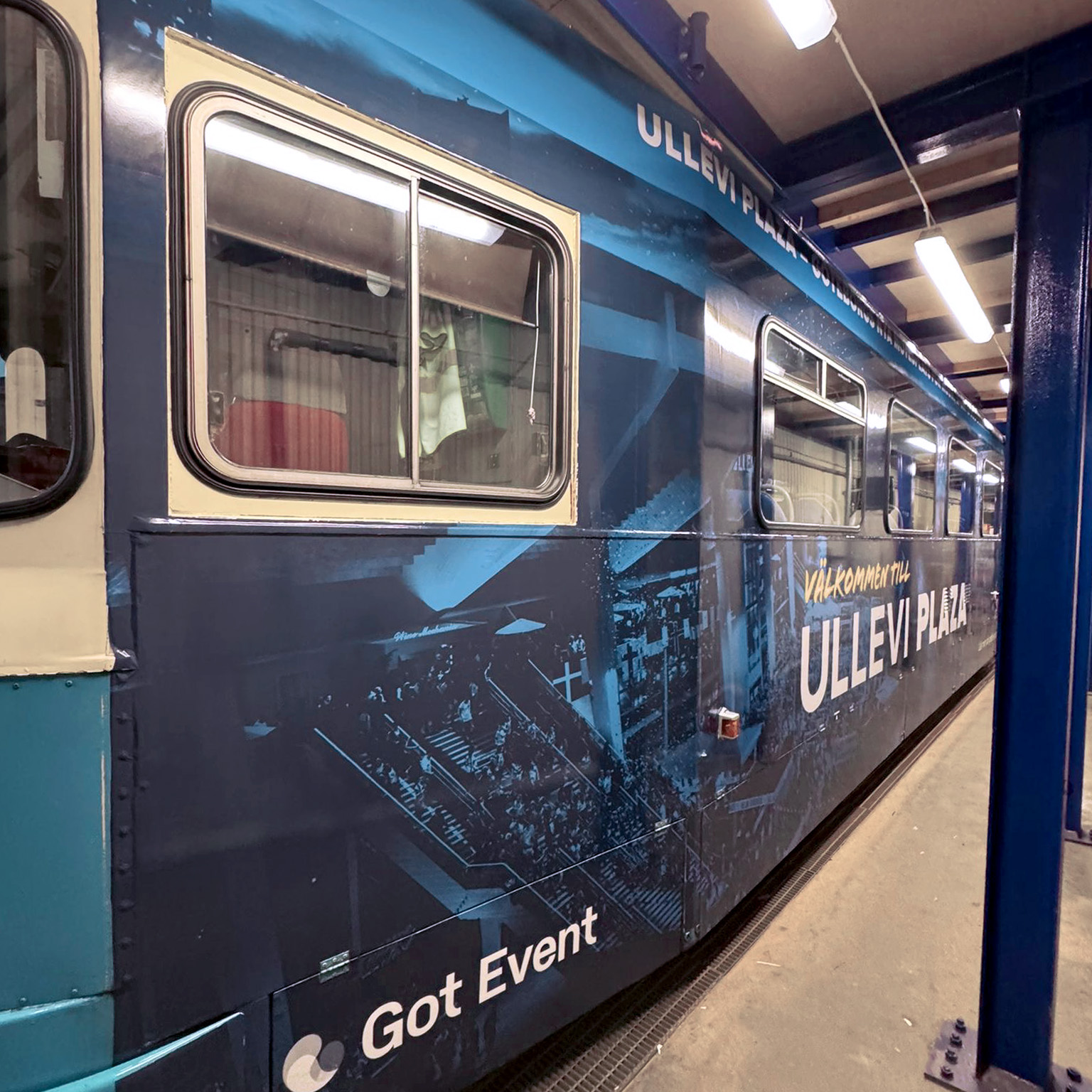 A picture from the installment of wrapping for the tram.